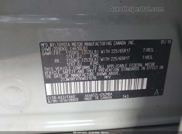 2T3W1RFV7KW031016 2019 TOYOTA LE Зеленый Вид подкапотного пространства