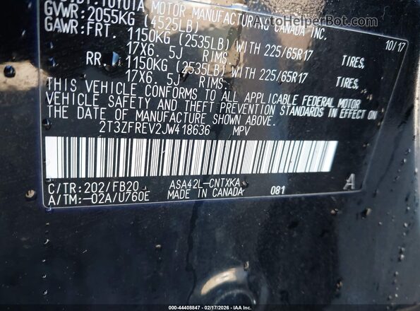 2T3ZFREV2JW418636 2018 TOYOTA LE Black Շարժիչի բաժամունքի տեսք