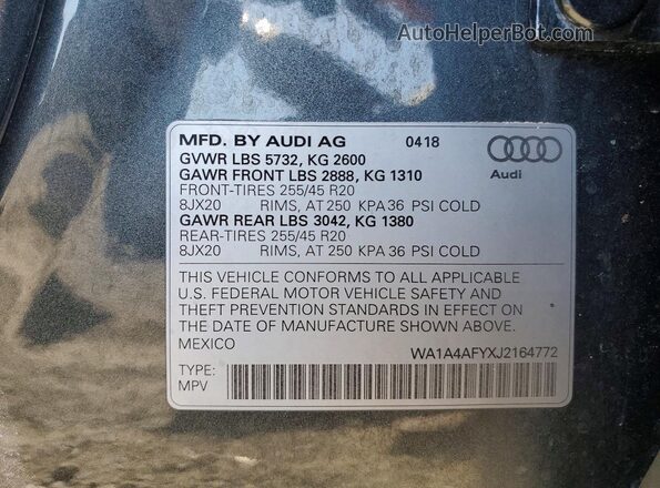 WA1A4AFYXJ2164772 2018 AUDI SQ5 Gray Vista interior de 360 grados