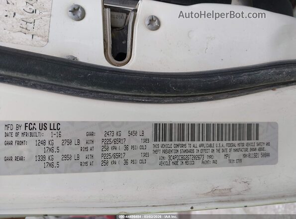 3C4PDCBG2GT202673 2016 DODGE JOURNEY White Vista del compartimento del motor