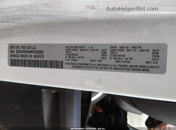 3C6LRVDG6ME530355 2021 RAM PROMASTER 2500 White Вид підкапотного простору