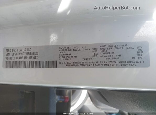 3C6LRVNG7ME516186 2021 RAM PROMASTER 1500 White Շարժիչի բաժամունքի տեսք