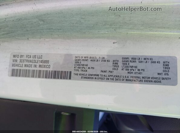 3C6TRVAG3LE145855 2020 RAM PROMASTER 1500 White Engine compartment view