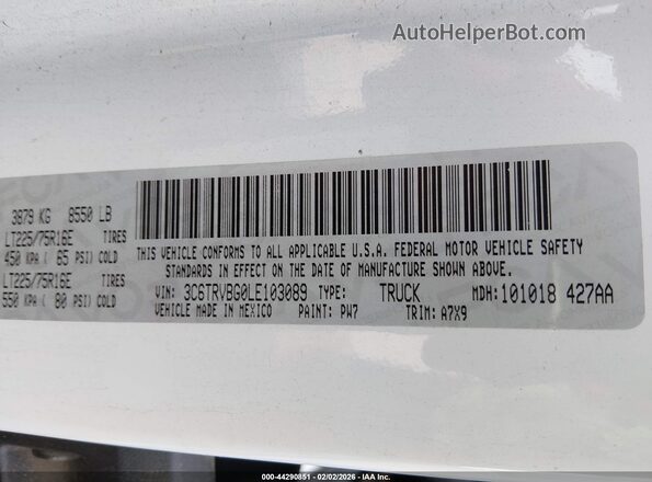 3C6TRVBG0LE103089 2020 RAM PROMASTER 1500 White Вид підкапотного простору