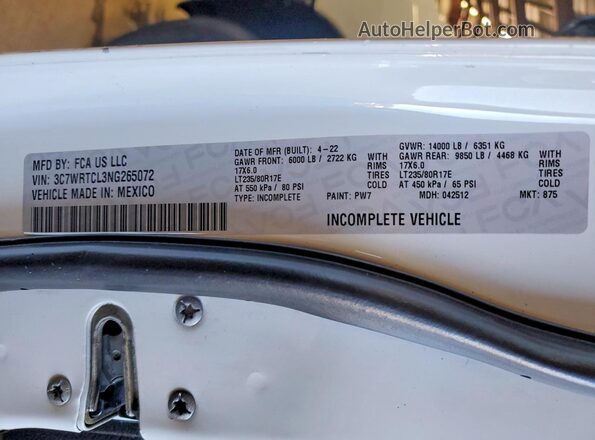 3C7WRTCL3NG265072 2022 RAM 3500 White Vista de la etiqueta del VIN