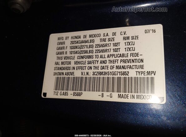 3CZRM3H51GG715852 2016 HONDA CR-V Blue Vista del compartimento del motor