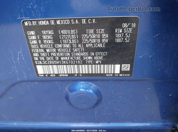 3CZRU5H13KG702182 2019 HONDA HR-V Синий 