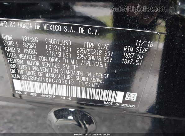 3CZRU5H16KG705612 2019 HONDA HR-V Black 