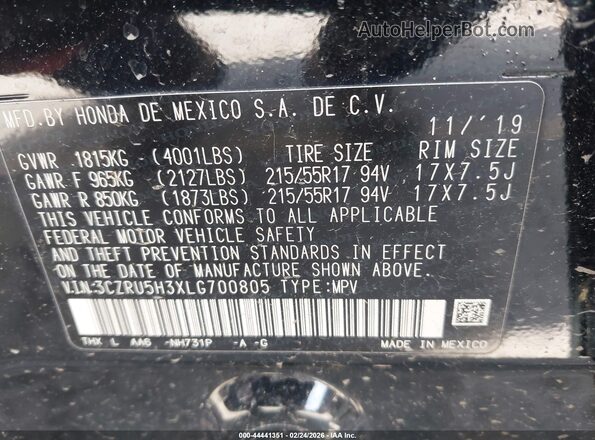3CZRU5H3XLG700805 2020 HONDA HR-V Black Widok komory silnika