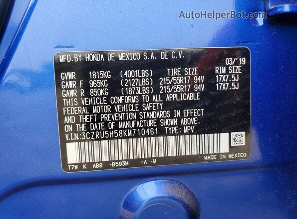3CZRU5H58KM710461 2019 HONDA HR-V Blue 