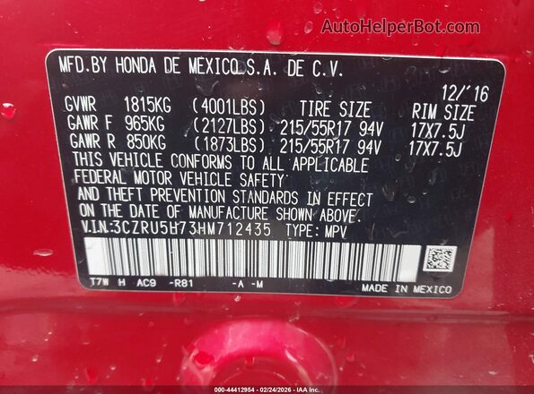 3CZRU5H73HM712435 2017 HONDA HR-V Red Engine compartment view