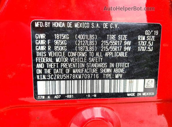 3CZRU5H78KM709716 2019 HONDA HR-V Red 
