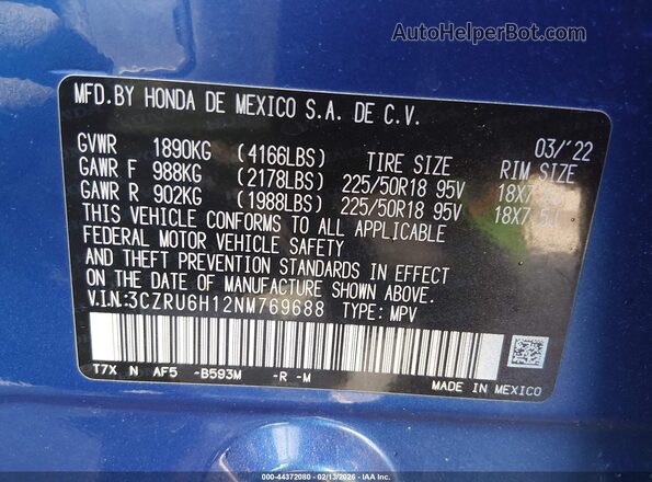 3CZRU6H12NM769688 2022 HONDA HR-V Blue Widok komory silnika