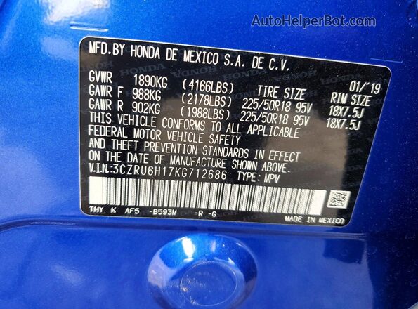 3CZRU6H17KG712686 2019 HONDA HR-V Синий 