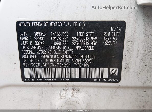 3CZRU6H1XMM704294 2021 HONDA HR-V White 