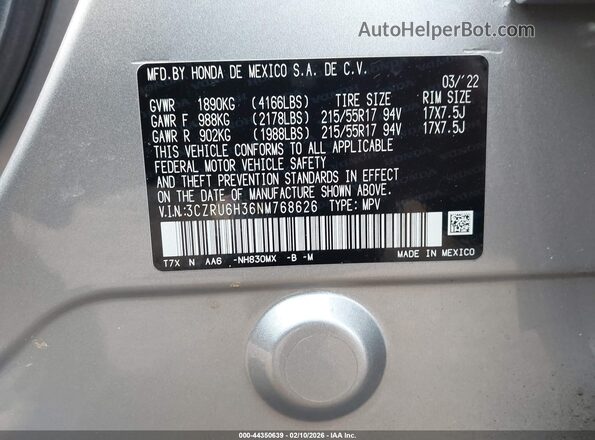 3CZRU6H36NM768626 2022 HONDA HR-V Серебряный Вид подкапотного пространства