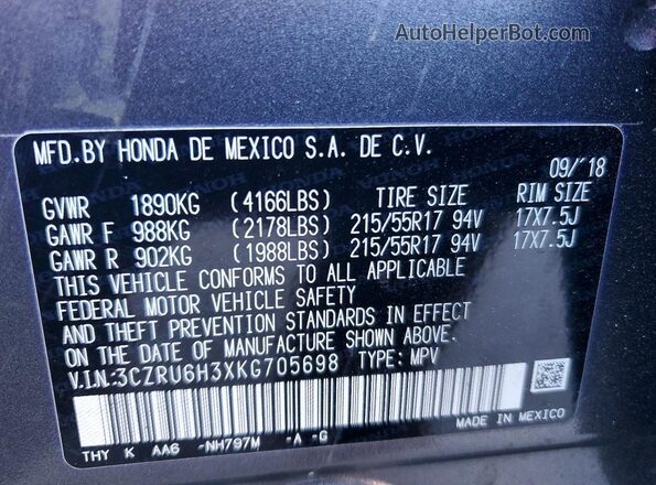 3CZRU6H3XKG705698 2019 HONDA HR-V Gray 