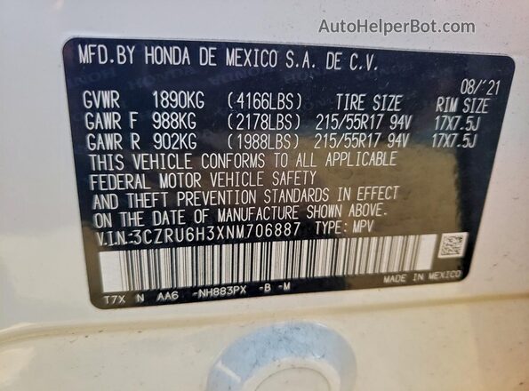 3CZRU6H3XNM706887 2022 HONDA HR-V White Vista del compartimento del motor