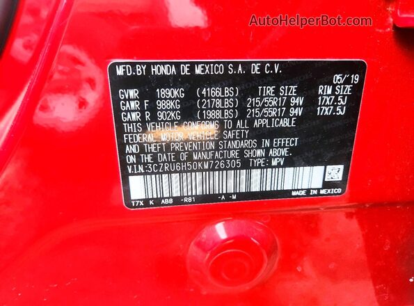 3CZRU6H50KM726305 2019 HONDA HR-V Красный 