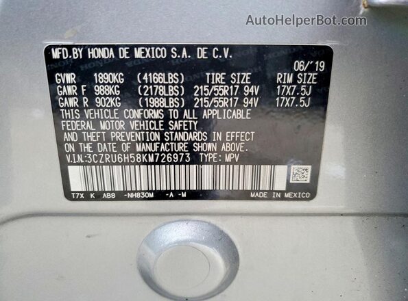 3CZRU6H58KM726973 2019 HONDA HR-V Silver 