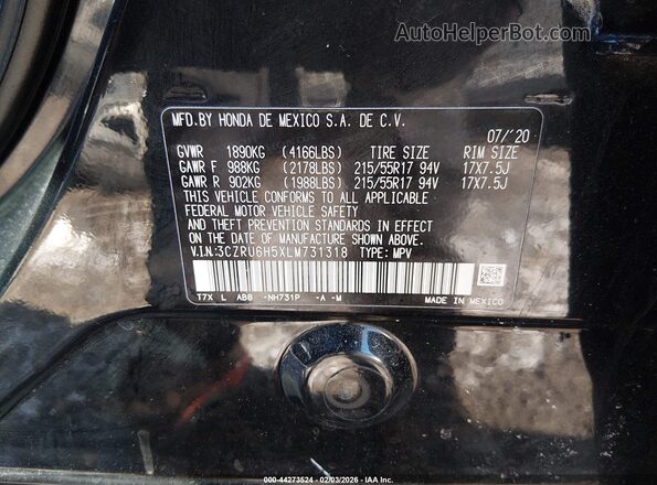 3CZRU6H5XLM731318 2020 HONDA HR-V Black Widok komory silnika