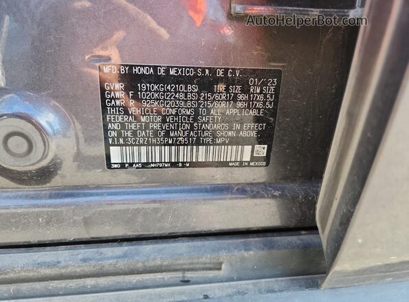 3CZRZ1H35PM729517 2023 HONDA HR-V Gray Vista de la etiqueta del VIN