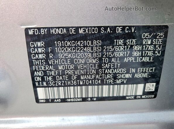 3CZRZ1H36TM704104 2026 HONDA HR-V Silver 