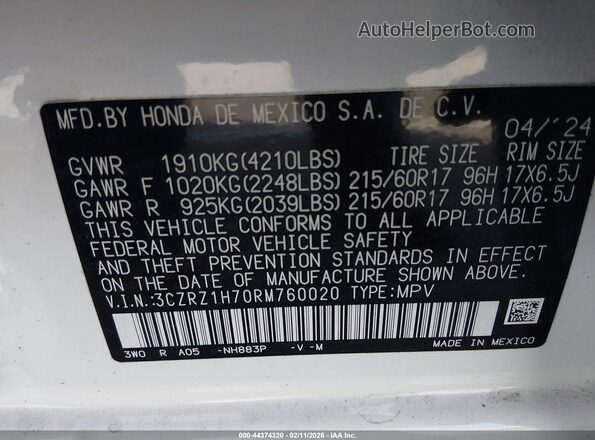 3CZRZ1H70RM760020 2024 HONDA HR-V White Вид підкапотного простору