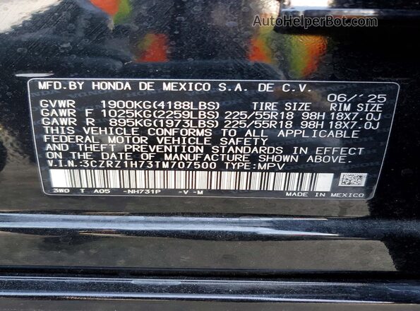 3CZRZ1H73TM707500 2026 HONDA HR-V Черный 