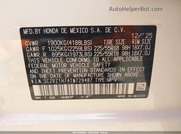3CZRZ1H74TM729487 2026 HONDA HR-V White Widok komory silnika