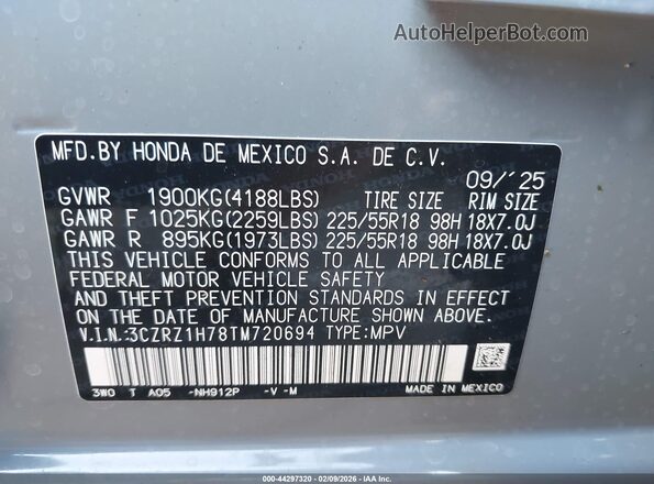 3CZRZ1H78TM720694 2026 HONDA HR-V Серый Вид подкапотного пространства