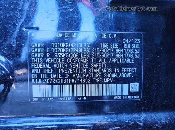 3CZRZ2H31PM744652 2023 HONDA HR-V Black Vista de la etiqueta del VIN