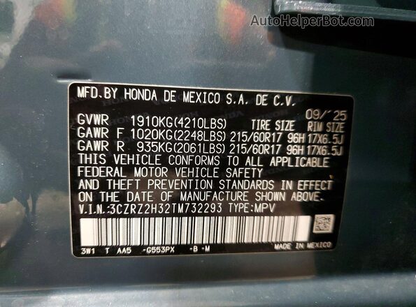 3CZRZ2H32TM732293 2026 HONDA HR-V Blue 