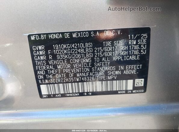 3CZRZ2H35TM748326 2026 HONDA HR-V Silver 
