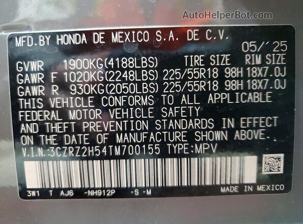 3CZRZ2H54TM700155 2026 HONDA HR-V Серый Вид наклейки с VIN-кодом
