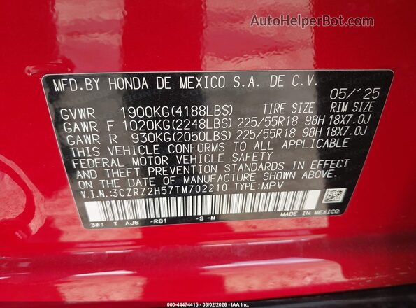 3CZRZ2H57TM702210 2026 HONDA HR-V Red 