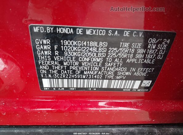 3CZRZ2H59SM731402 2025 HONDA HR-V Красный 