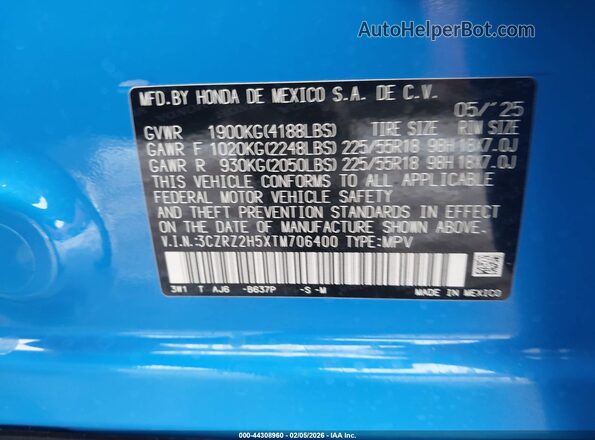 3CZRZ2H5XTM706400 2026 HONDA HR-V Blue ძრავის განყოფილების ხედი