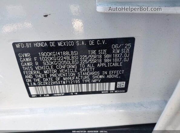 3CZRZ2H5XTM712195 2026 HONDA HR-V Белый Вид подкапотного пространства