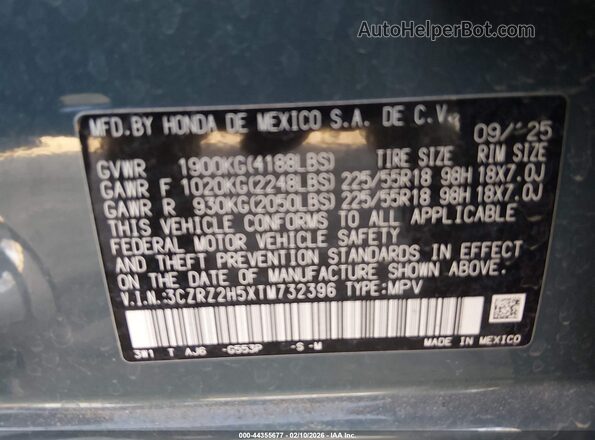 3CZRZ2H5XTM732396 2026 HONDA HR-V Blue Вид підкапотного простору