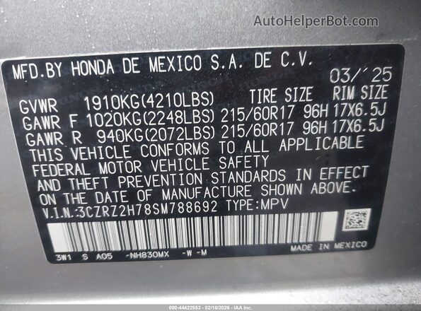 3CZRZ2H78SM788692 2025 HONDA HR-V Silver ძრავის განყოფილების ხედი