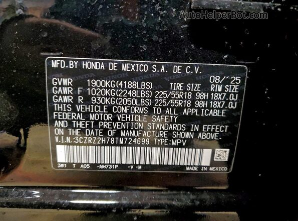 3CZRZ2H78TM724699 2026 HONDA HR-V Black Vista de la etiqueta del VIN