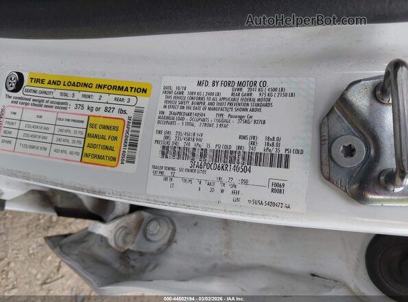3FA6P0CD6KR140504 2019 FORD FUSION White 