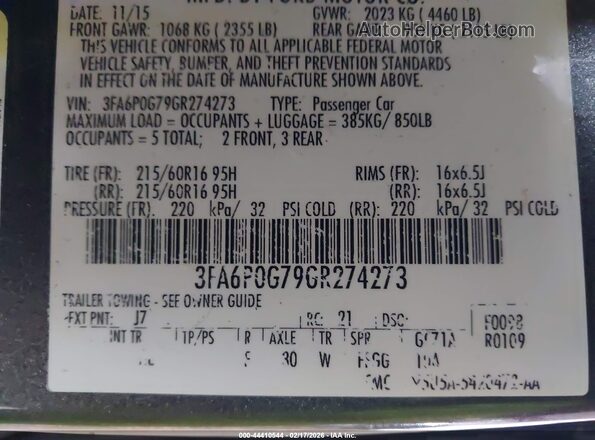 3FA6P0G79GR274273 2016 FORD FUSION Gray 