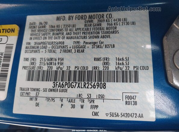 3FA6P0G7XLR256908 2020 FORD FUSION Синий 