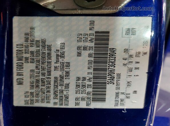 3FA6P0H73GR339049 2016 FORD FUSION Blue 