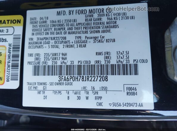 3FA6P0H78JR227208 2018 FORD FUSION Black Вид підкапотного простору