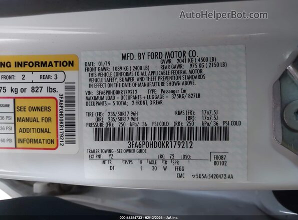 3FA6P0HD0KR179212 2019 FORD FUSION White 