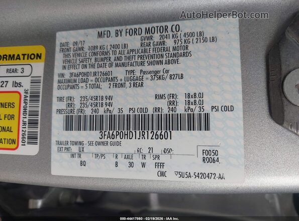 3FA6P0HD1JR126601 2018 FORD FUSION Beige 