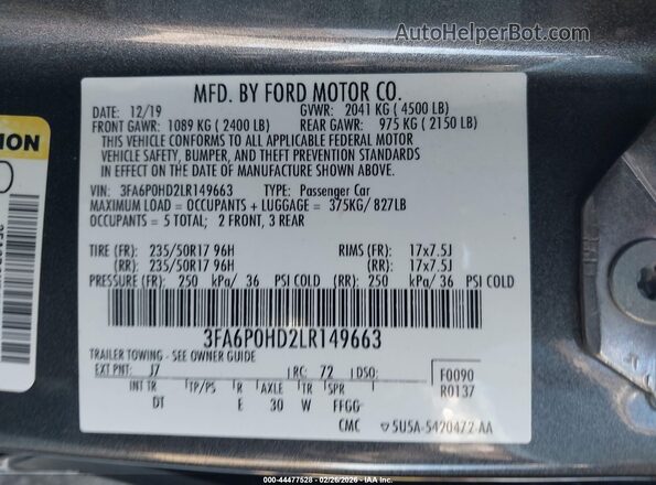 3FA6P0HD2LR149663 2020 FORD FUSION Gray ძრავის განყოფილების ხედი
